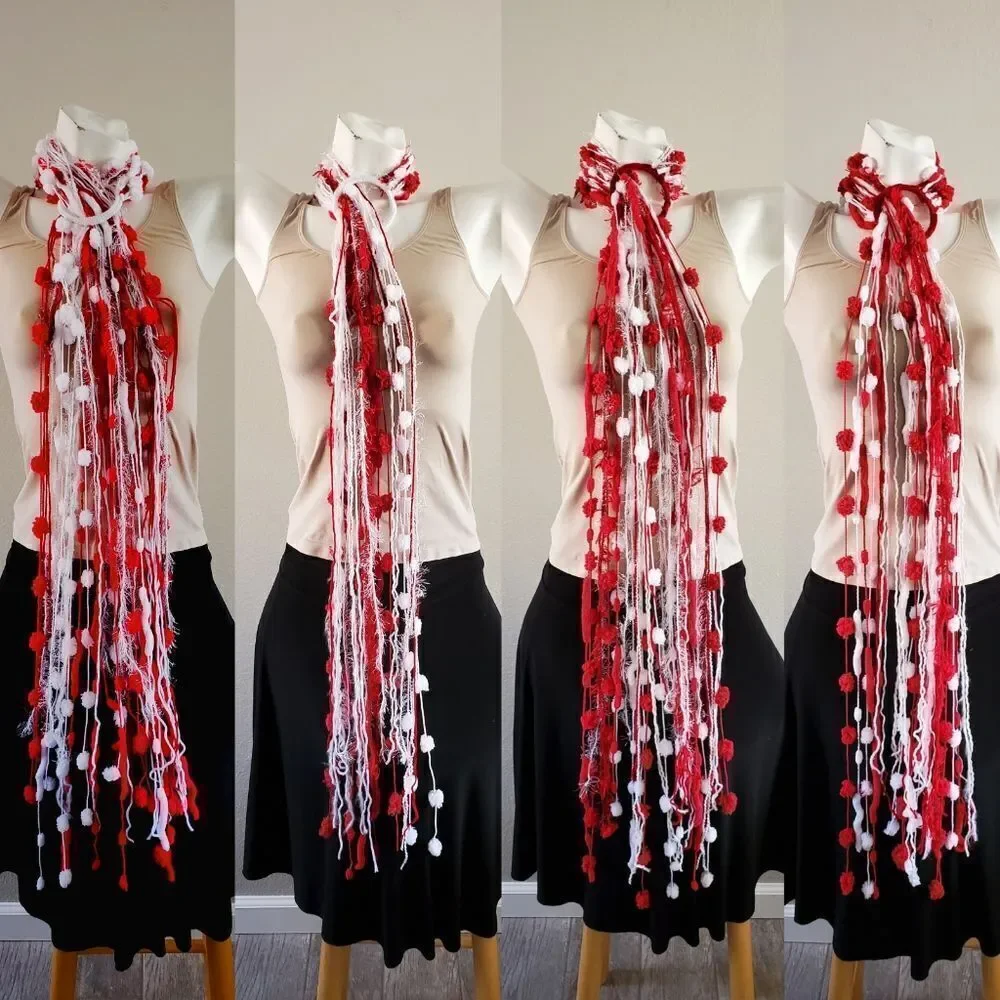 Hand Crafted Scarves or Boho Wall Hanging Decor Red White and Silver set of 4